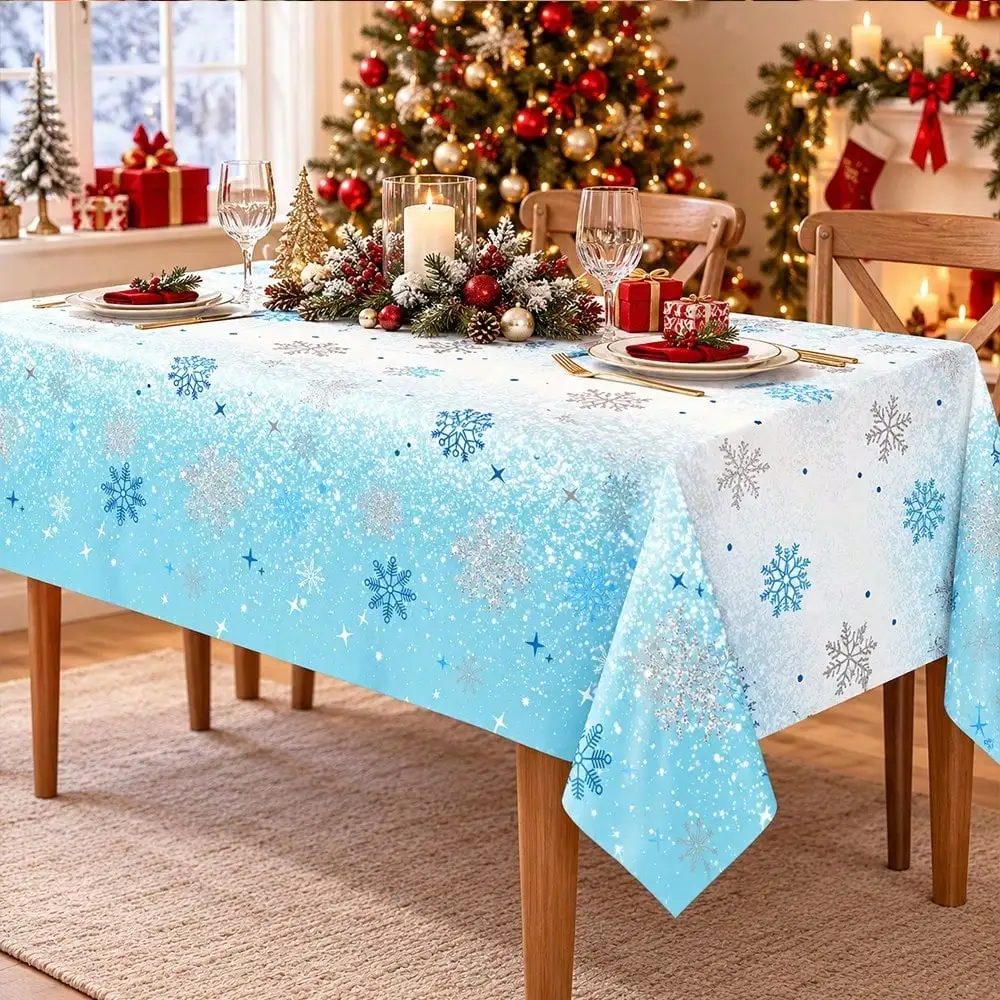 Snowflake Tablecloth Disposable Plastic Table Cover Blue And White Winter Wonderland Theme Birthday Party Supplies Tabletop Deco