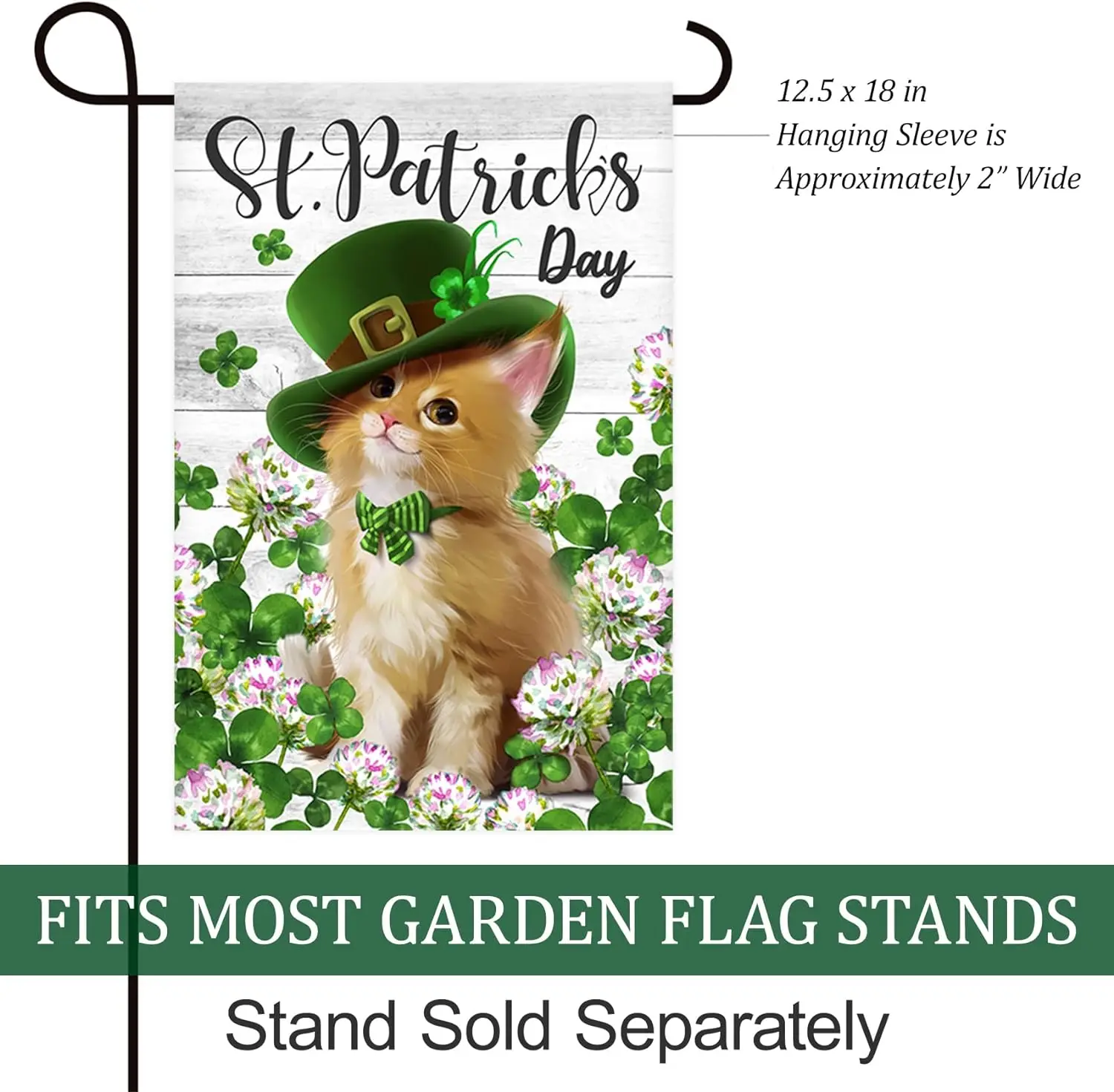 Happy St. Patrick's Day Cute Cat Kitty with Hat Clover Shamrock Floral Decoration Garden Flag Outdoor Yard Flag 12x18in Custom