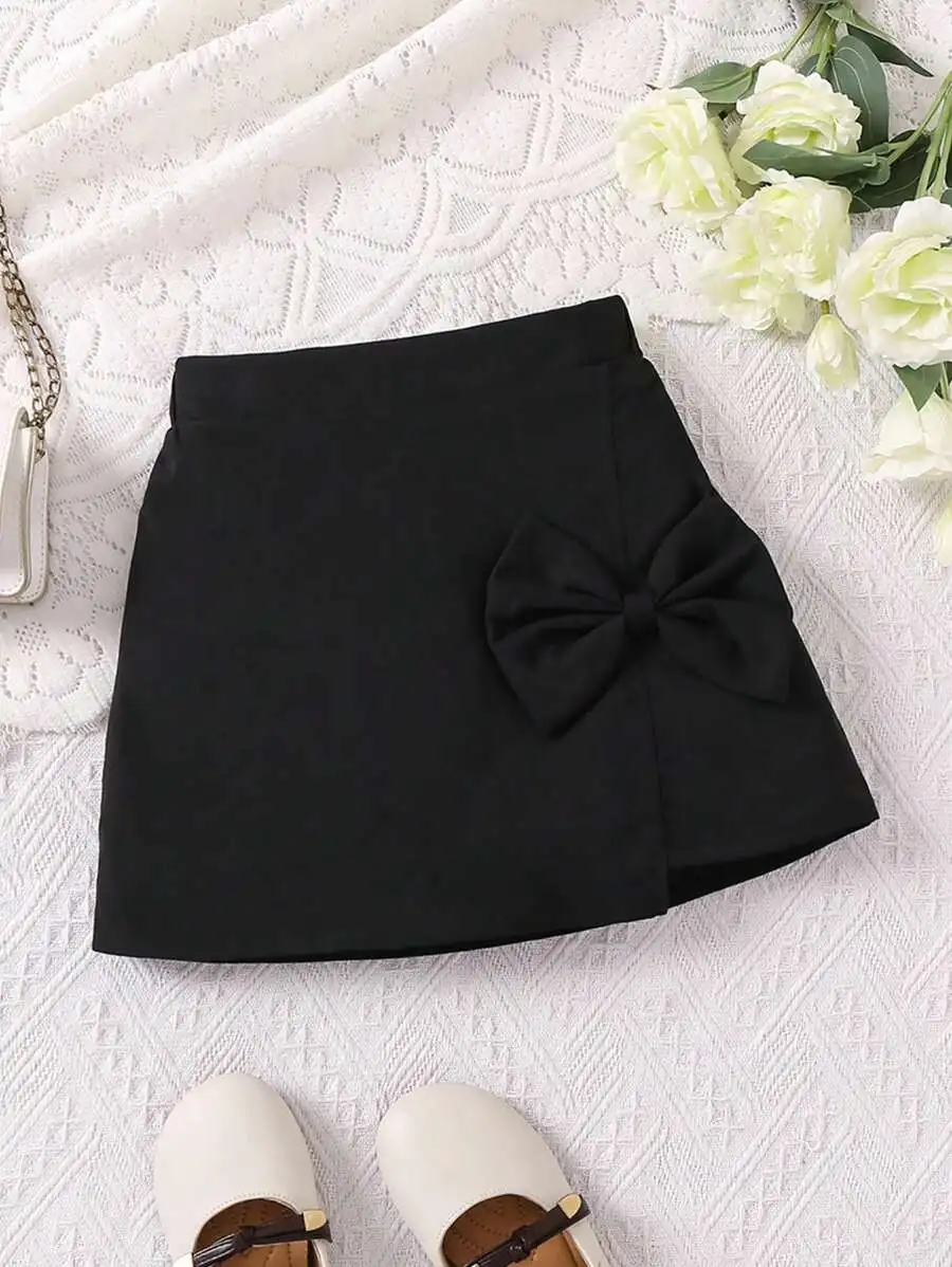 

Black Wrap Skirt with Large Bow Detail for Girls, Sweet Style Summer Outfit