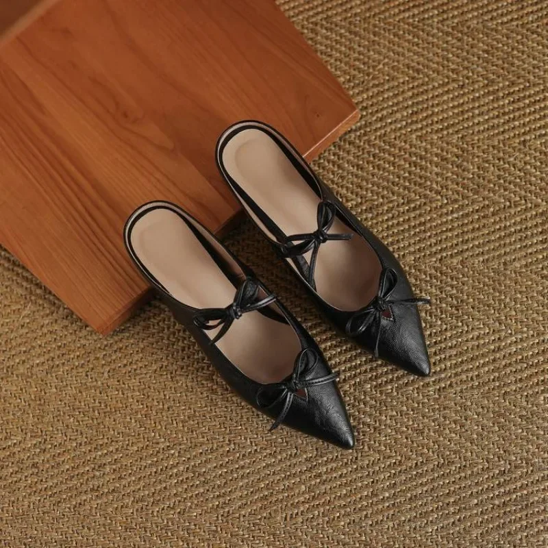 Spring and Summer New Style Fashion Women's Outdoor Slippers Pointed Toe Bow Sweet Low-heel Comfort Women's Shoes Size 34-43