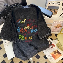 American Style Retro Colorful Letter Print Women T-shirt 2024 New Summer Trendy Wash-Black Top Harajuku Handsome Streetwear Tee