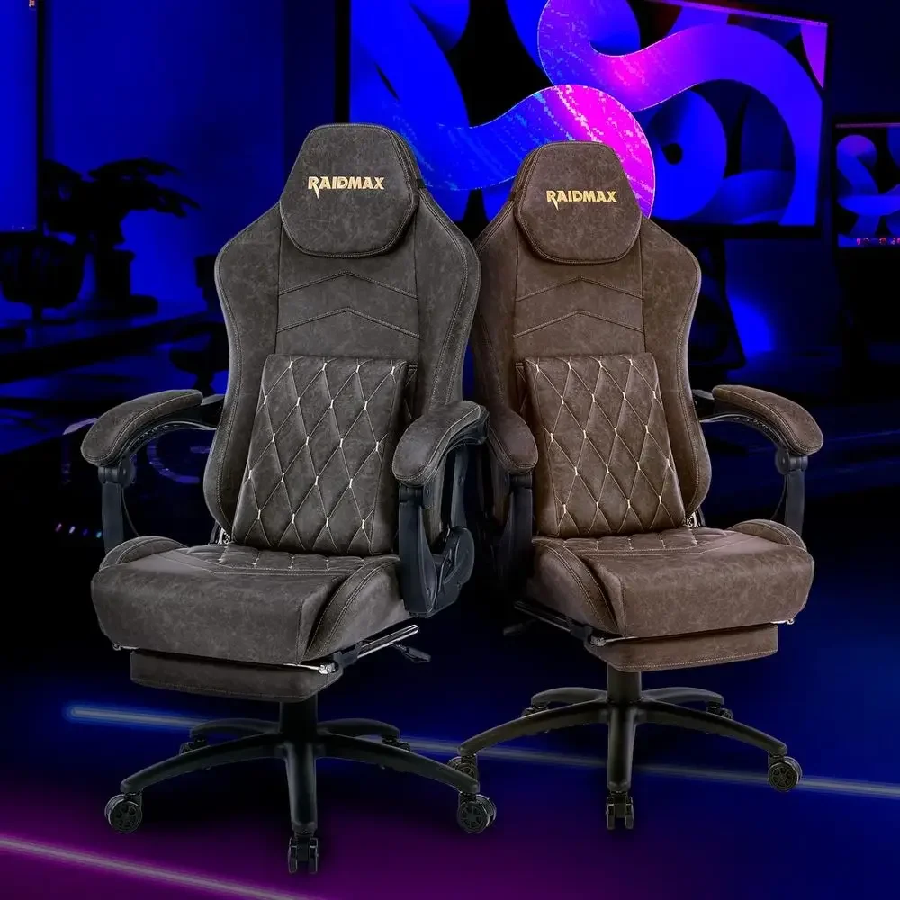 Oversized High-Back Swivel Gaming Chair with Lumbar Support, Gray Marble Distressed Leather, Adjustable with Footrest