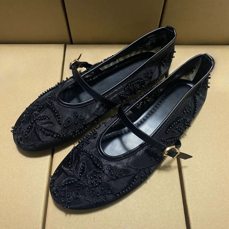 Zapatos Retro de verano para mujer, zapatos Mary Jane bordados con flores, calzado informal de malla transpirable, estilos de Ballet de diseñador, zapatos planos para mujer