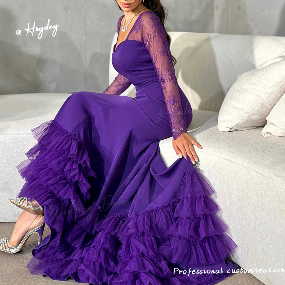 Heyday Lace Sleeves for women elegant prom dress fairy Floor Length Ruched Close-fitting saudi Royal evening dresses luxury 2024