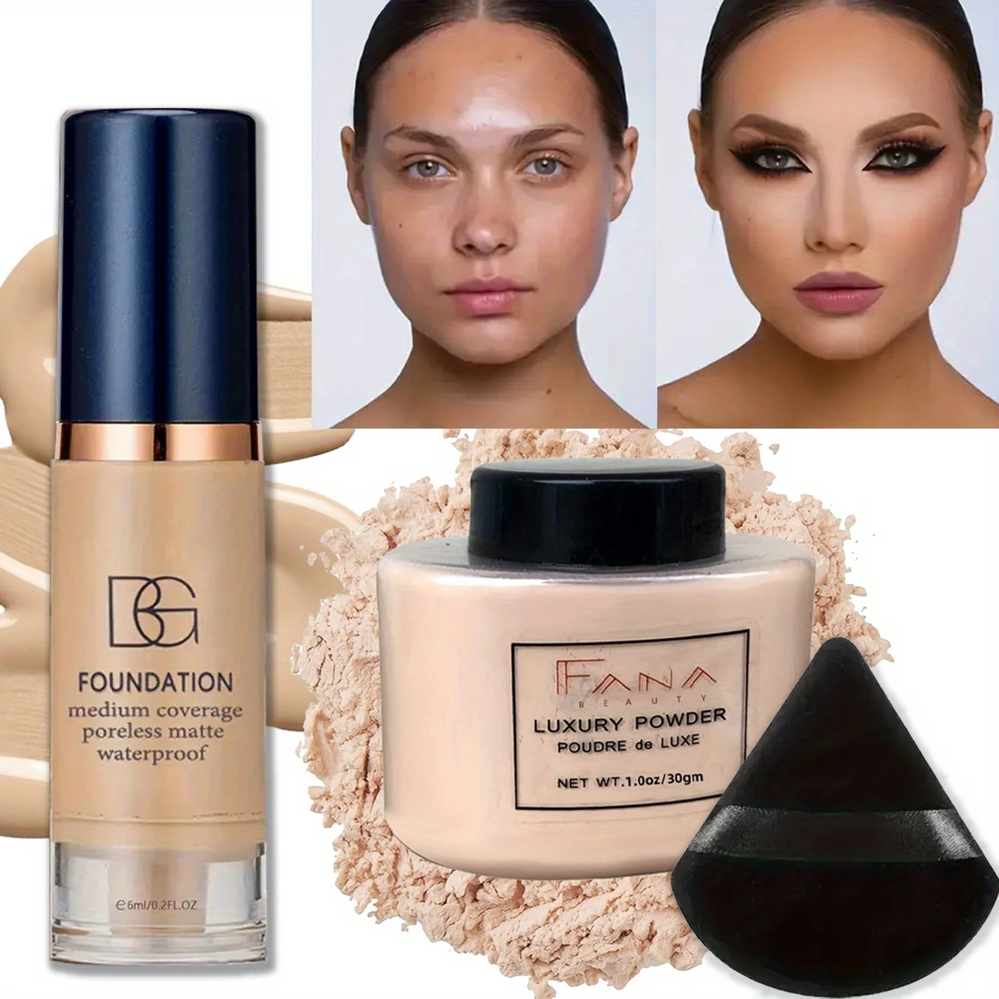 3 Pcs/Set Full Coverage Foundation with Oil-Control Powder and Puff - Waterproof Travel Set Easily Creating Everyday Looks