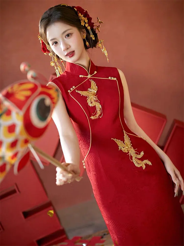 

Красное свадебное ципао для церемонии помолвки, повседневное вечернее платье для невесты, традиционное китайское платье