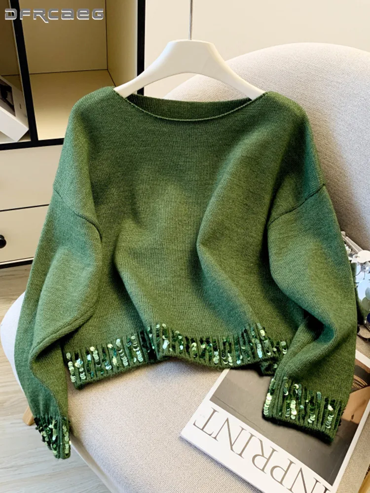 Green Women's Sweater With Sequin Fall Winter Unique Design Sparkle Pullover Knit Top Knitwear Outfit