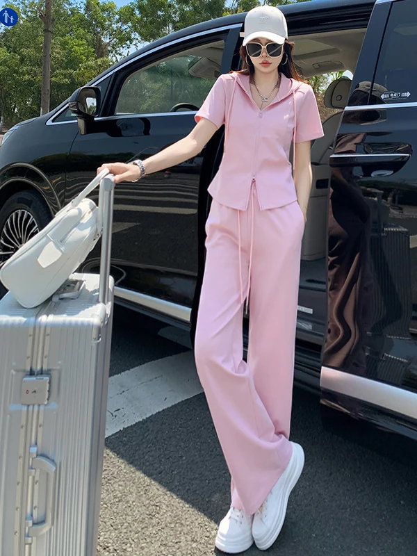 

High-End Pink Casual Sports Set Women's Summer Trendy Waist-Cinching Top Wide Leg Pants Two-Piece Set Fashionable Youthful