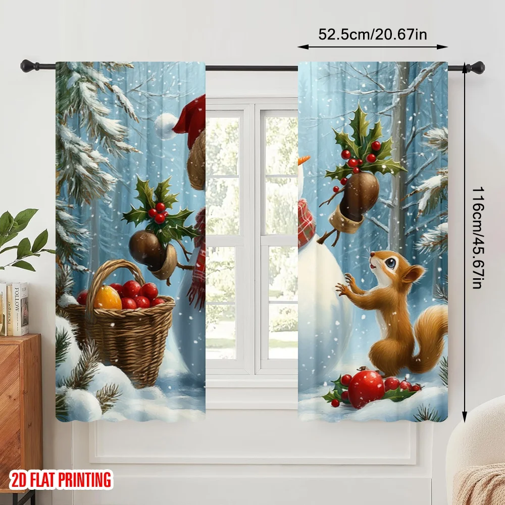 2pcs,2D plane printing Curtains&Window Treatment Cute Snowman Squirrel Winter Berries Versatile 100% Polyester (without rod)