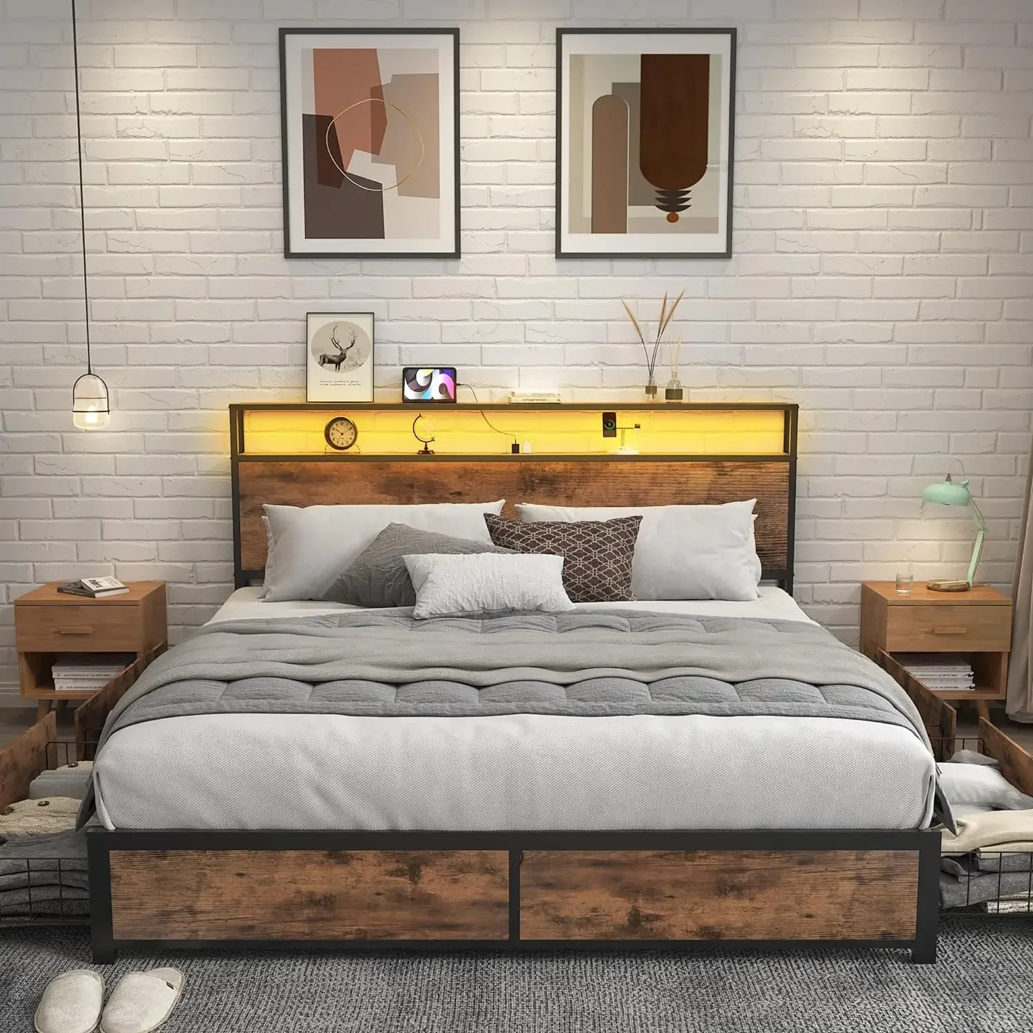 Queen Bed Frame with 2-Tier Storage Headboard, Metal Platform Bed Frame with 4 Storage Drawers, Built in Charging Station & LED