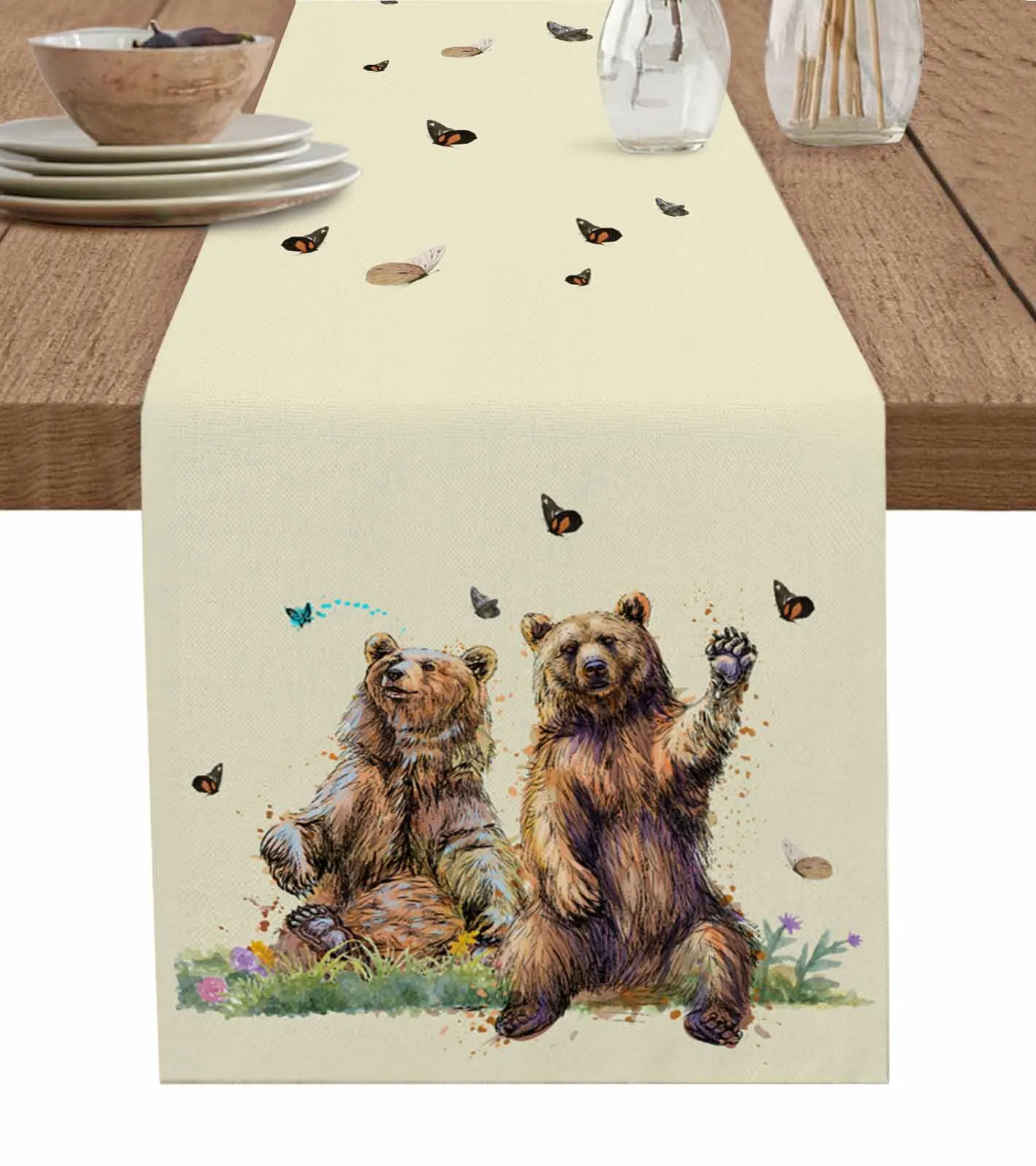 

Bear Painting Butterfly Grassland Nature Tablecloth Wedding Decor Party Table Runners Kitchen Dining Table Cover Tablemats