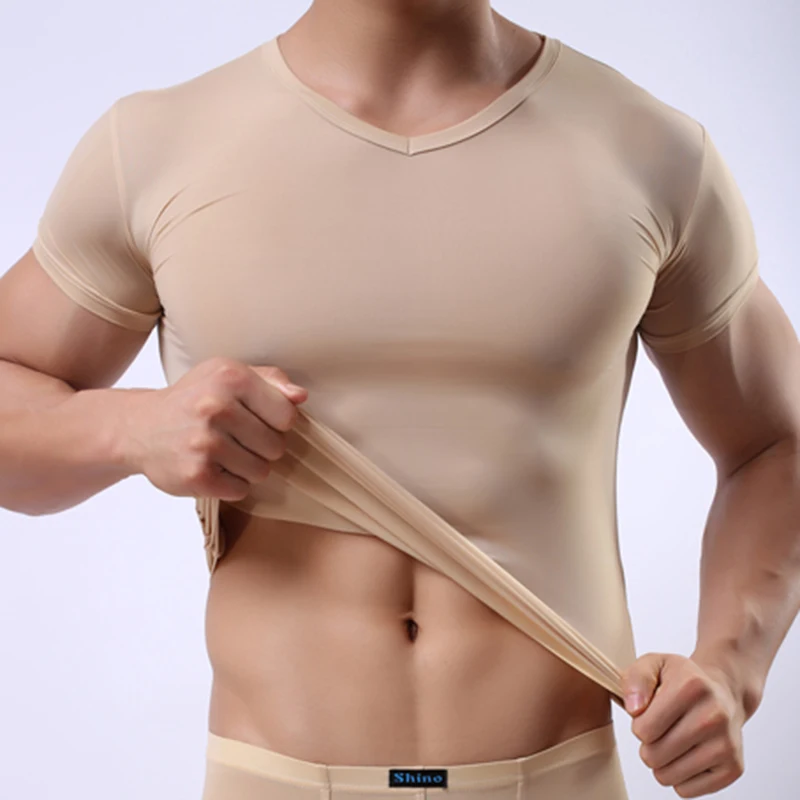 Men's Solid Undershirt Man Sheer Underwear Adult Sexy Translucent Basic Shirts Ice Silk Ultra-thin V-neck Short Sleeves Tops