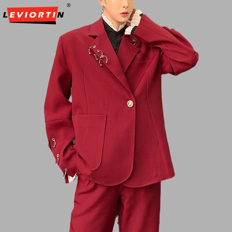 Vintage Men Blazer Solid Color Lapel Long Sleeve One Button Iron Ring Decoration Leisure Suits Men Streetwear Wine Red Jackets