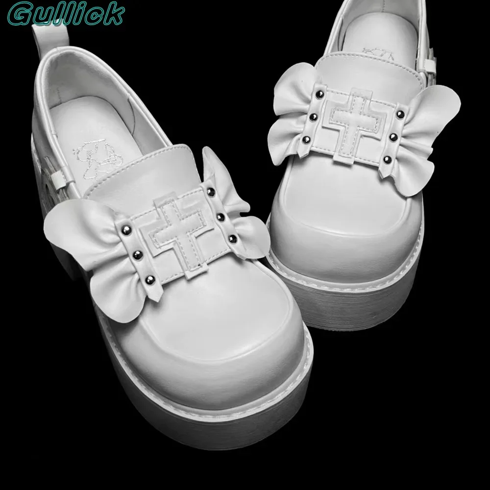 Gullick 나비 펌프스 여성용 신발 리벳, 둥근 발가락, 두꺼운 힐, 솔리드 커버 힐, 높이 증가, 레저 시간 아웃웨어 신발