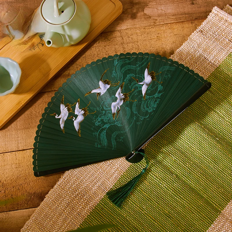 18cm Chinese style retro style all bamboo crane dark green big red bronzing folding fan portable cheongsam dance fan