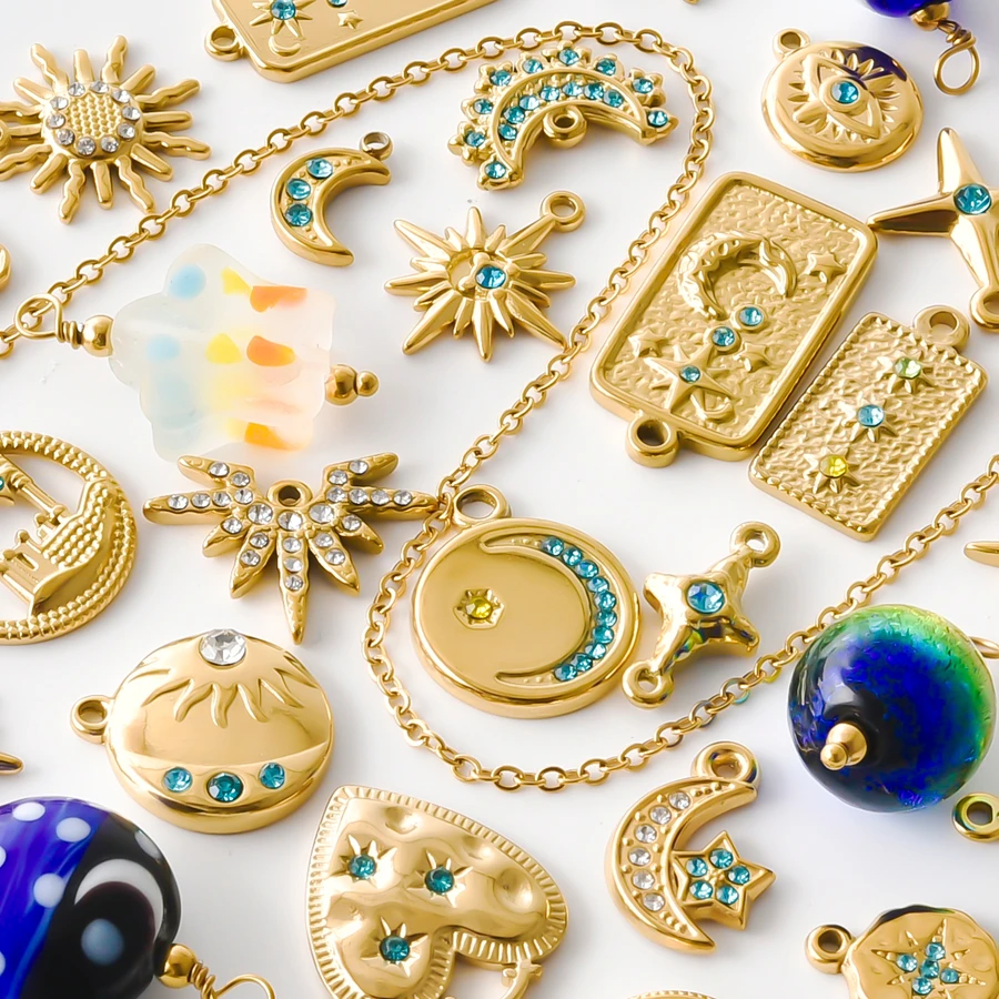 6pcs Real Gold Plated Stainless Steel Rhinestone Charm Galaxy Crystal Sun Moon Star Charms For Jewelry Making Bulk DIY Necklaces