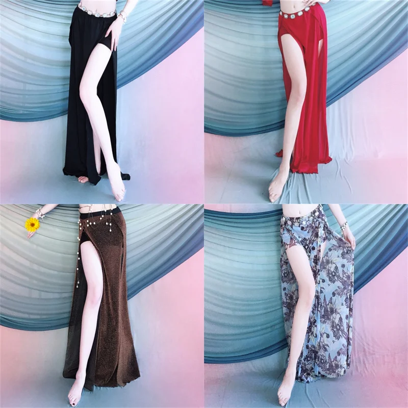 Sexy Modal Belly Dance Costume High Waist Draw String Long Skirt Side Split Slim Dancer Practice Wear Comfortable Black Adult XL