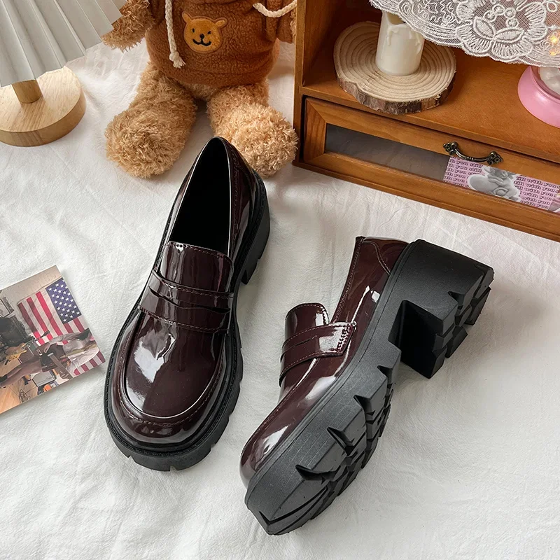 Loafers Woman 2024 Spring and Autumn British Style Punk Platform Slip-on Lolita Shoes Fashion Pu Leather Heeled Mary Jane Shoe