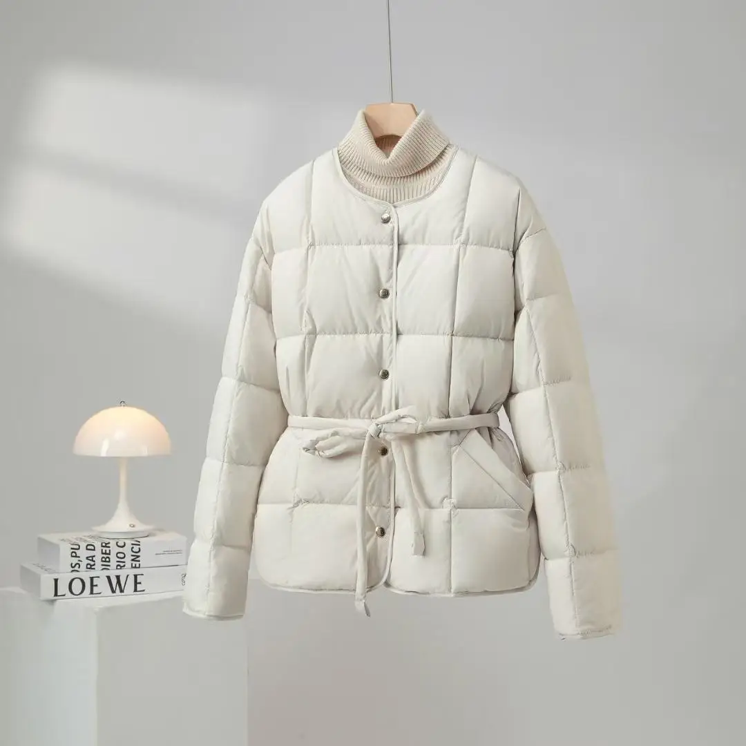 Women Round Neck Button Quilted Lightweight White Duck Down Jacket 2026 New Autumn Winter Belted Short Puffer Down Coat
