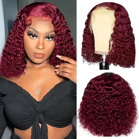 Peruka bob z kręconych włosów naturalnych w kolorze burgundowym 99J, peruki typu lace front 13x4 z włosów naturalnych, burgundowe peruki z głębokimi falami dla czarnoskórych kobiet, krótkie peruki bob.