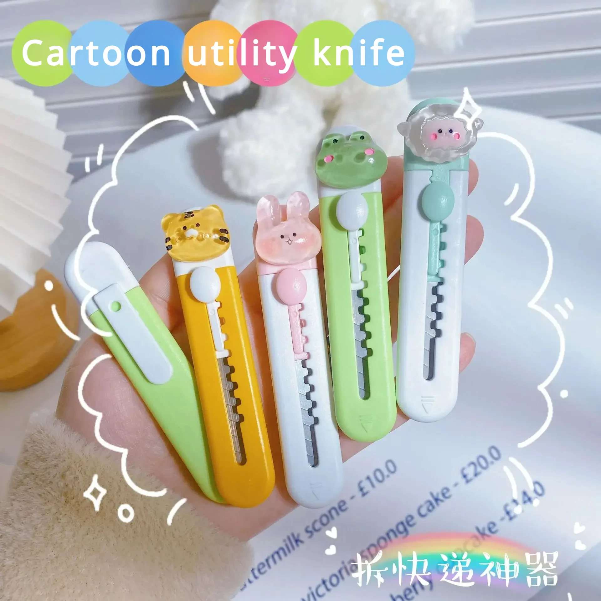 1PC Cute Cartoon Transparent Animal Head Utility Knife Mini Portable Retractable Kid Stationery Paper Cutter Open Delivery Knife