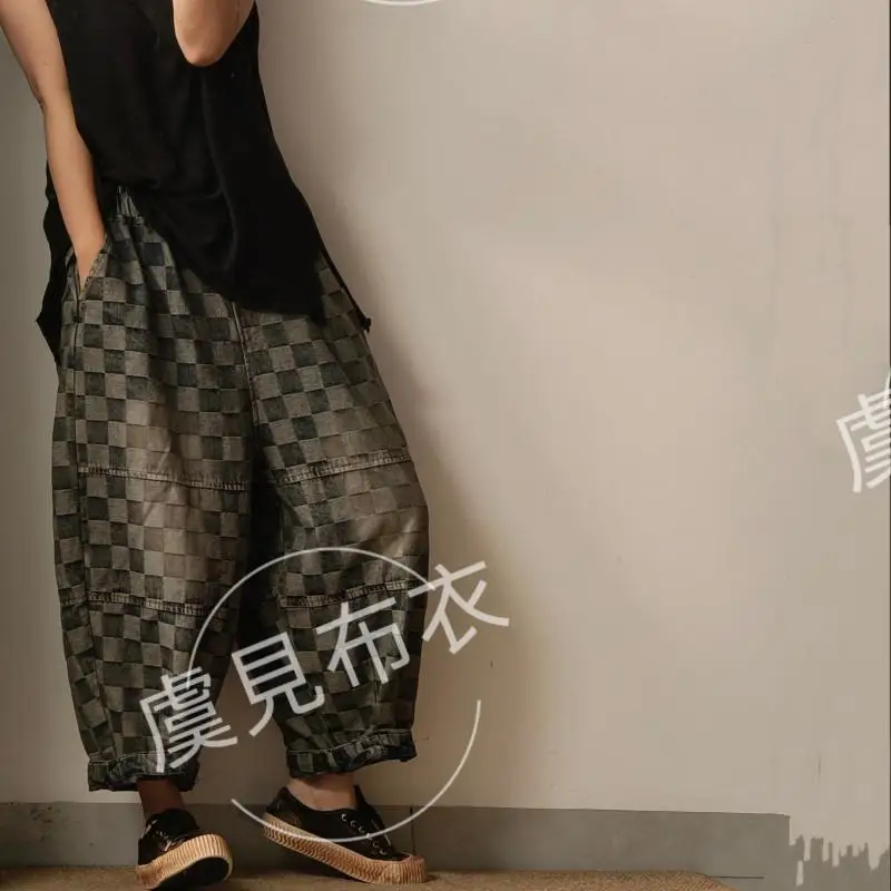 Autumn Arts Style Women Elastic Waist Cotton Denim Harem Pants Patchwork Design High Quality Vintage Plaid Casual Loose Jeans