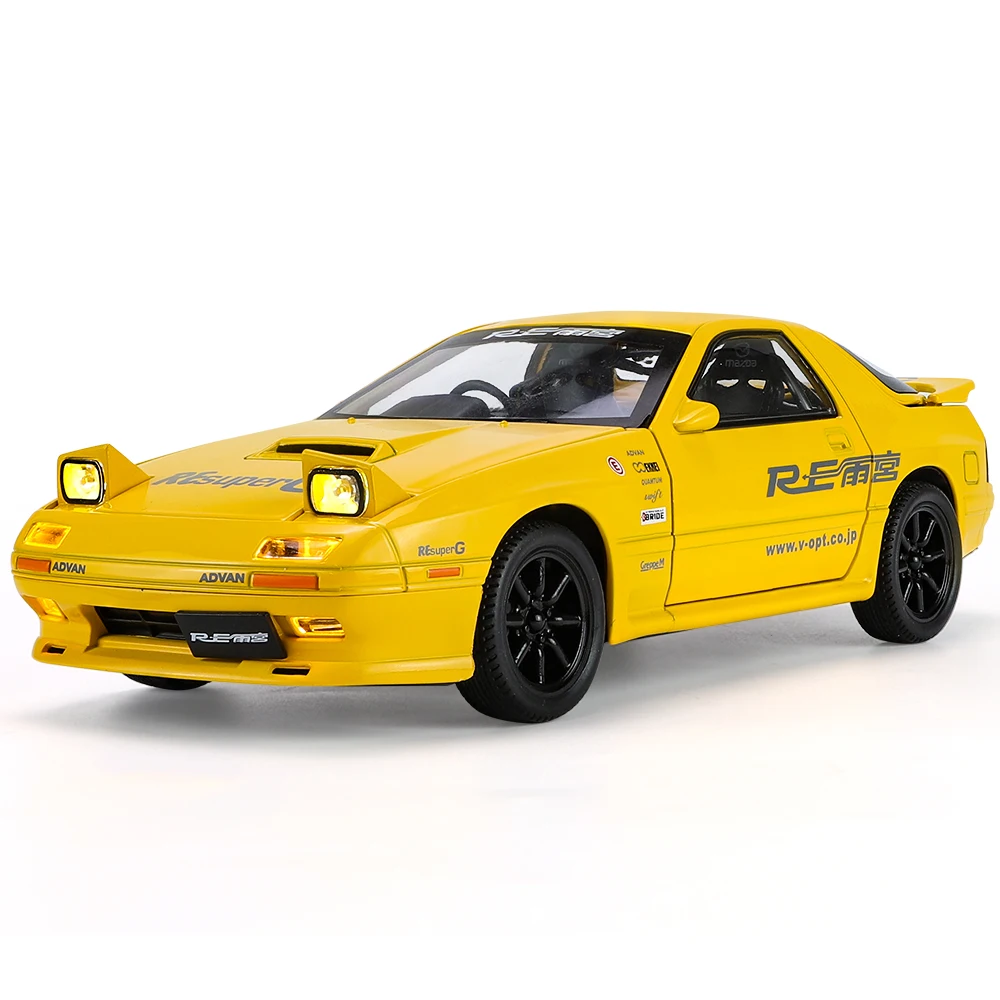 1/24 Mazda RX7 Initial D Racing Toy Car JDM Model 1:24 Diecast Meatl Vehicle Miniature Sound Light Collection Gift For Boy Kid