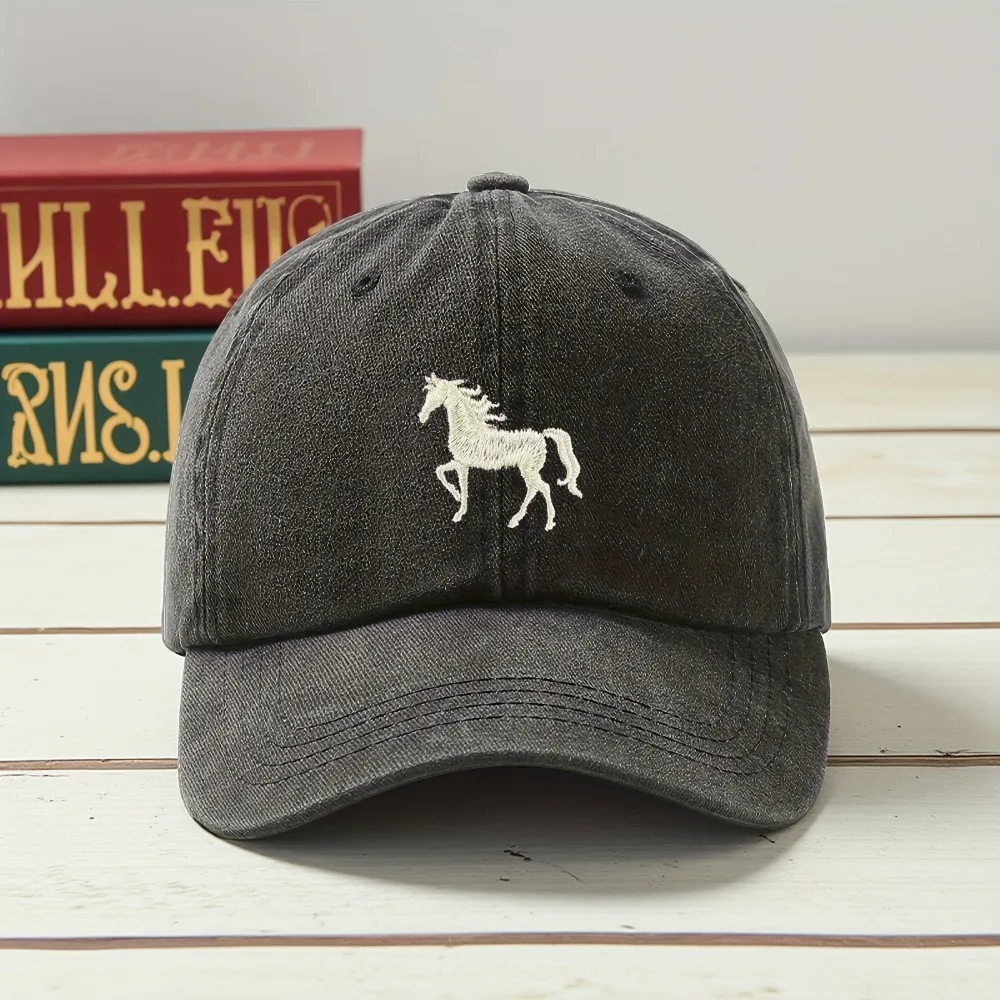 1pc Vintage Washed Casual Baseball Cap with Running Horse,outdoor Leisure Lightweight Adjustable Fit Cap for All Seasons Daywear