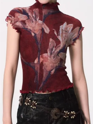 2025 verano Retro estampado diseño blusa mujer Y2k nuevo medio cuello alto Casual Tops moda coreana 2000s camisetas delgadas Chic nuevo