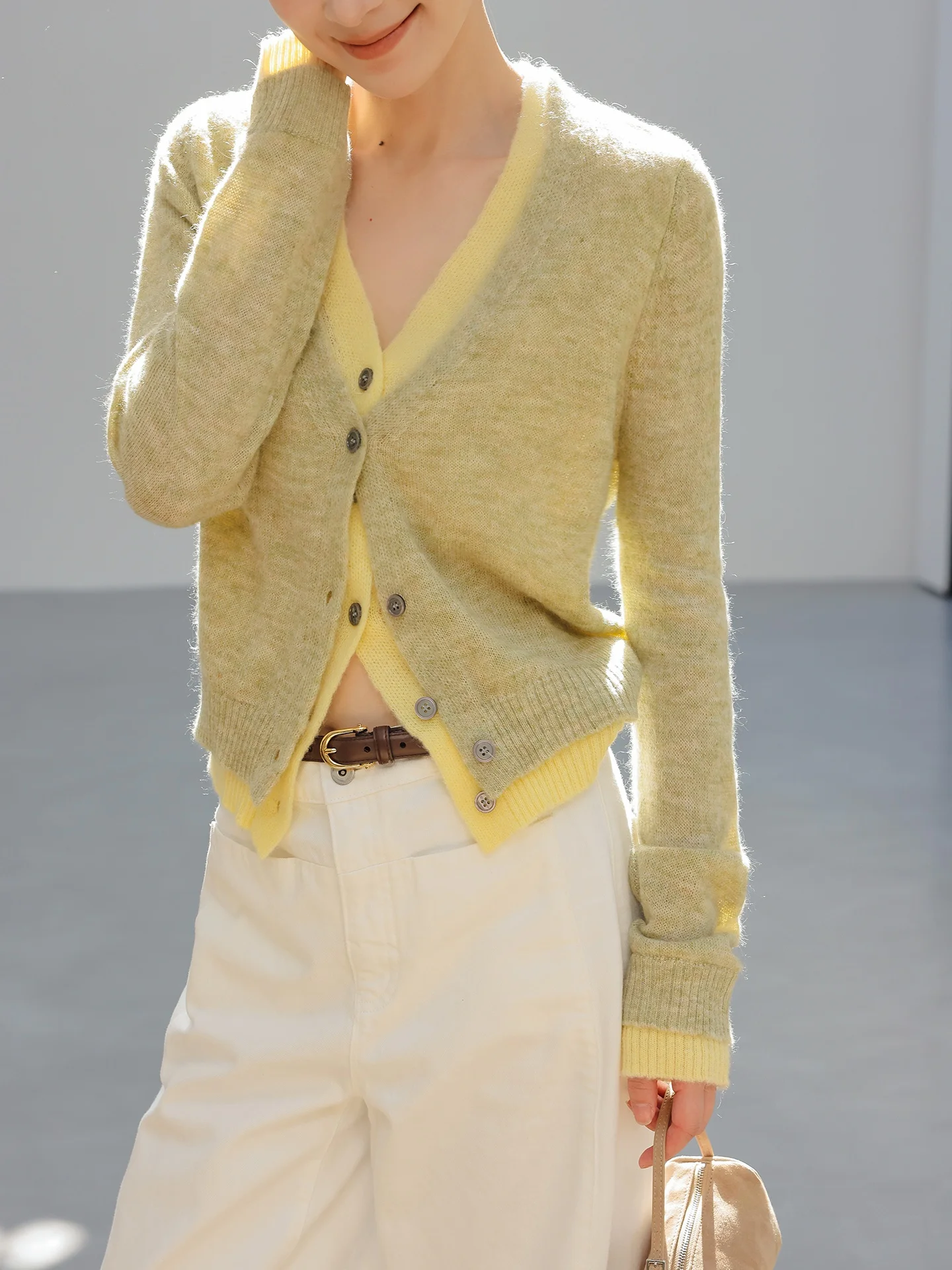 

JWUNIQUE Women's V-neck Open Cardigan Knitted Sweater Color Block Spring New Yellow Green Lemon Shadow Wine Pit Design