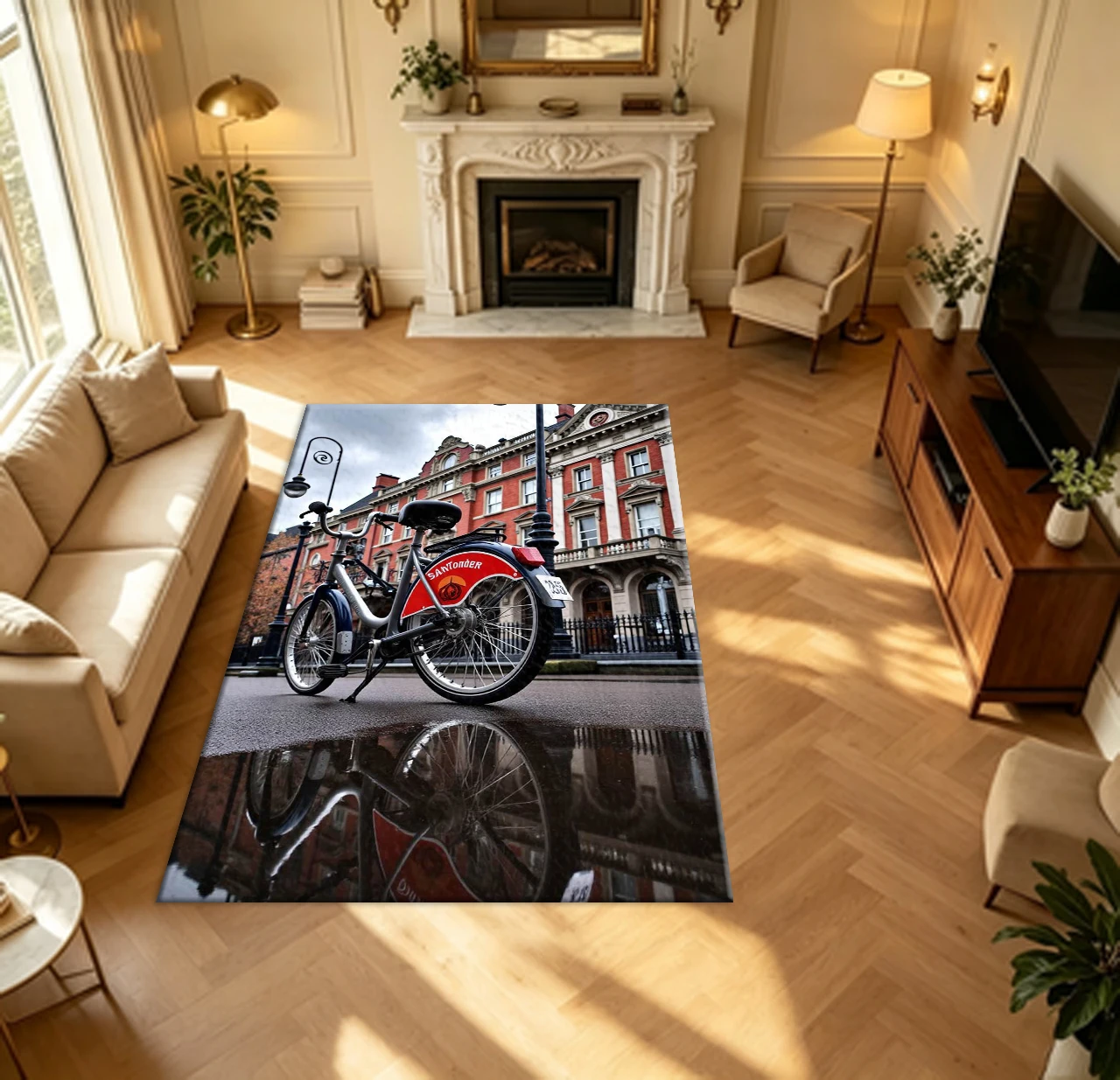 Vintage City Street Bicycle Reflection Scenery carpet flooring Urban Home Decor Area Rug
