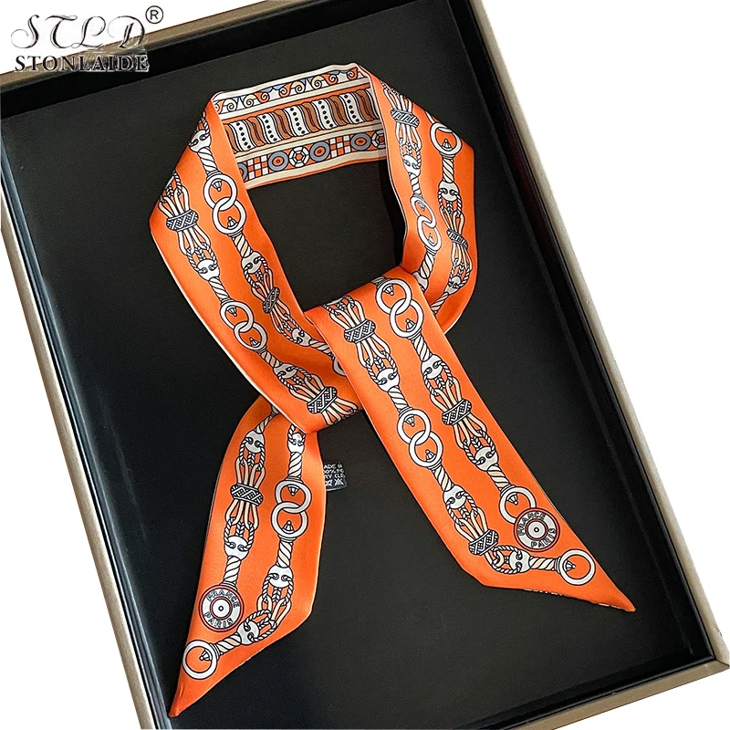 2024 Designer Twill Silk Women Scarf Luxury Hair Scarf Chain Print Neck Scarf Handle Bag Ribbons Female Tie Imitation Silk Scarf