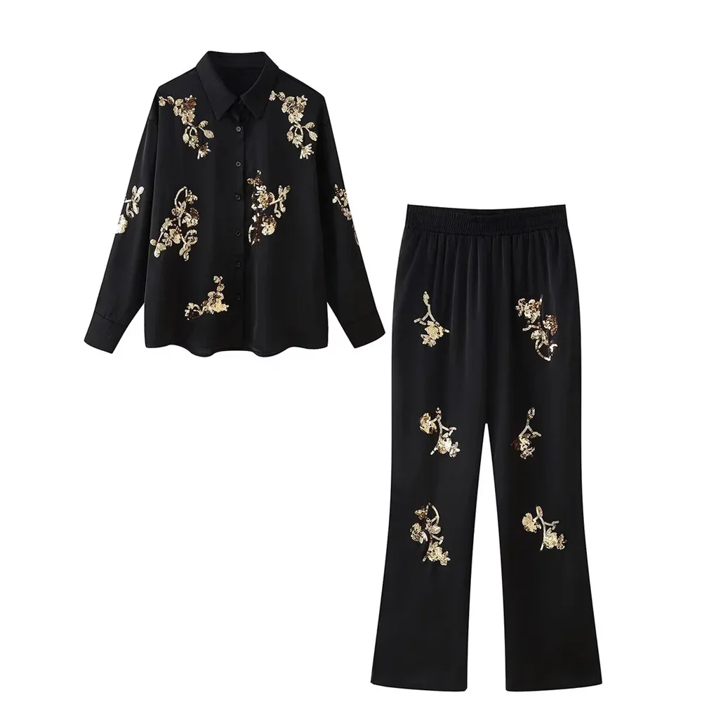 New Summer 2024 Women's Satin Textured Sequin Embroidered Shirt High-waisted Pantsuit