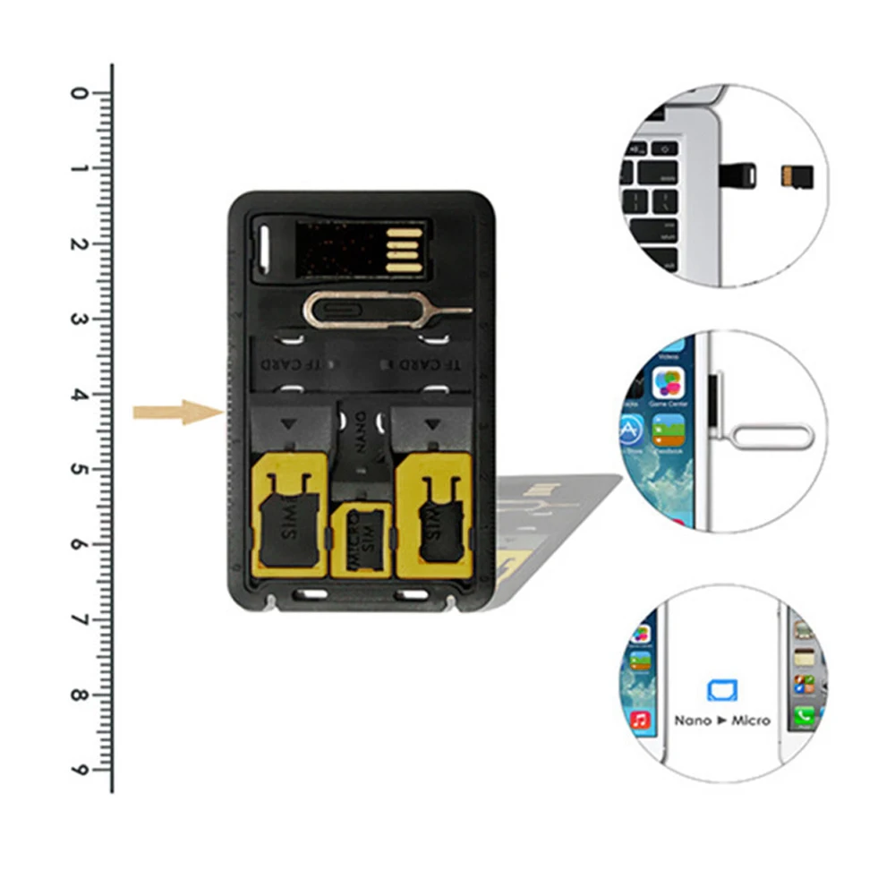 Kit de adaptador SIM fino de tamanho de cartão de crédito tudo em um com leitor de cartão TF e pino de ejeção de bandeja de cartão SIM, suporte para cartão SIM