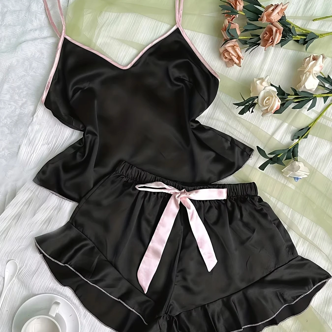 Women's Smooth Satin Pajamas V-Neck T-Shirt Ruffled Edges And Bow Shorts Simple And Breathable Pajama Set Sling Home Clothing