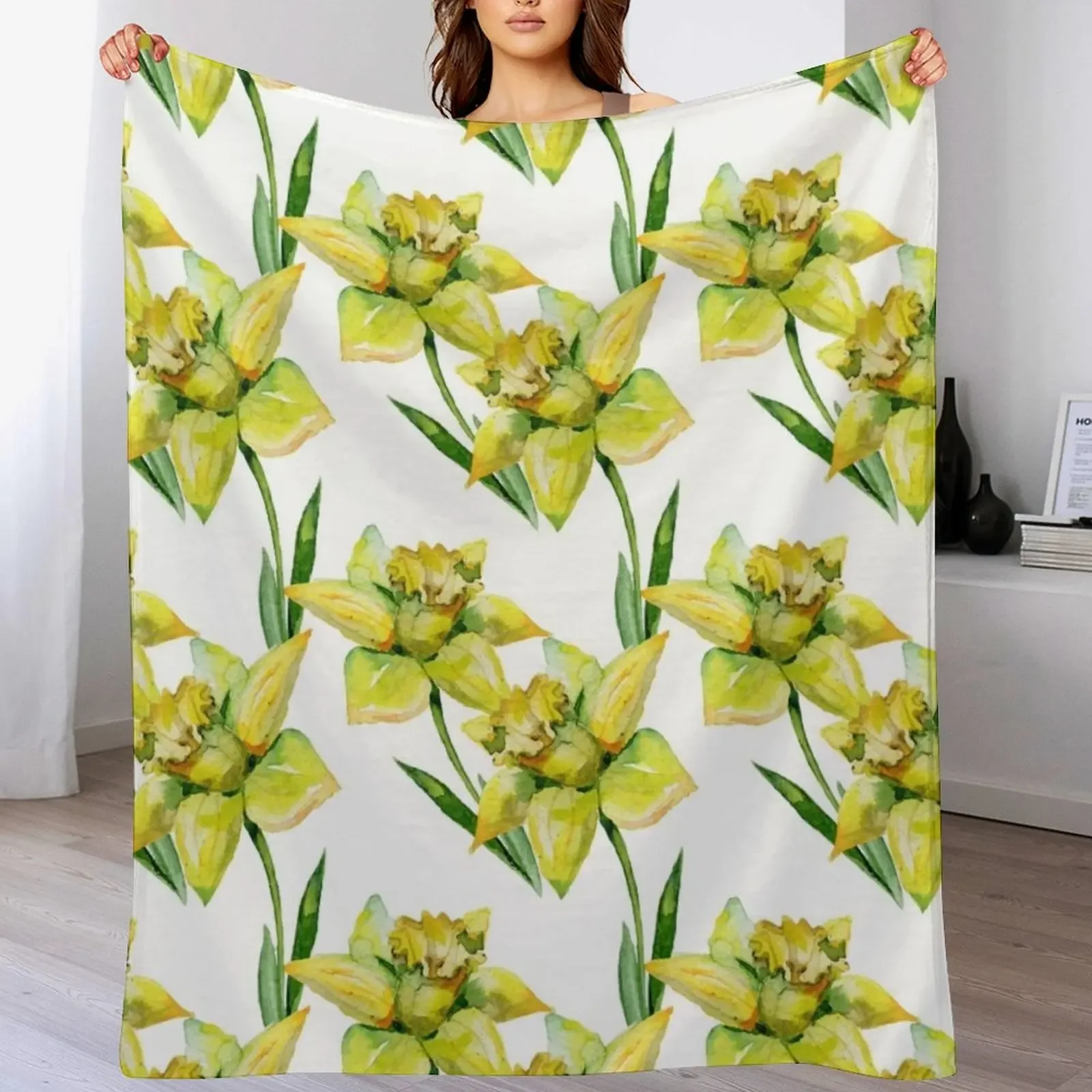 

Spring hand painted yellow green watercolor daffodils floral Throw Blanket Large Hairys Flannel Blankets