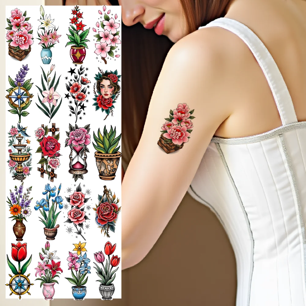 

28pcs Temporary Tattoo Potted Flowers New School Traditional Compass Clock Temporary Tattoo Stickers Roses For Adults Men