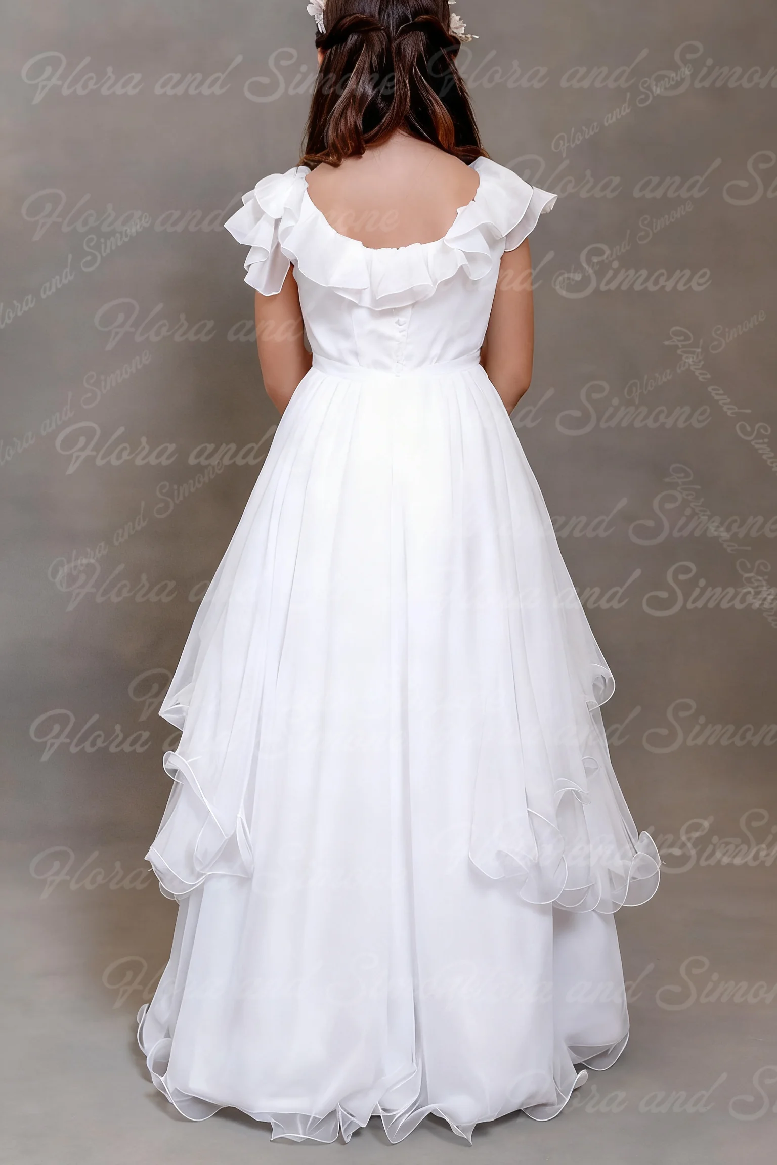 فستان فتاة الزهور من الساتان المكشكش بدون ظهر بأكمام قصيرة مخصص لحفلات المعمودية وحفلات الزفاف وحفلات الزفاف