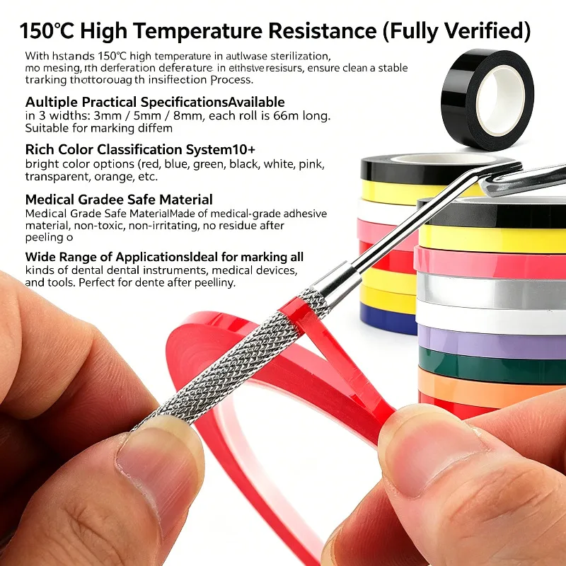 3Rolls Dental Labeling Tape Autoclave Heat Resistant 150℃  Colorful Medical Instrument Sterilization Label 3mm 5mm 8mm 66m/Rolls