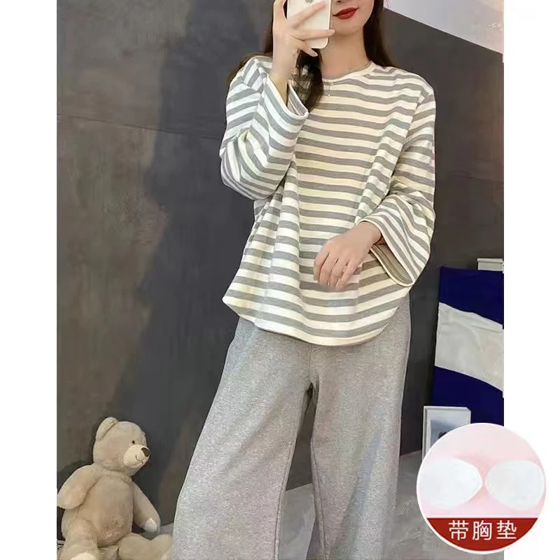 Women\'s Pajamas Set with Chest Pad Stripe Autumn Leisure Elastic Waist Girls Sleepwear Long Sleeve Soft Pijama Homewear Cloth