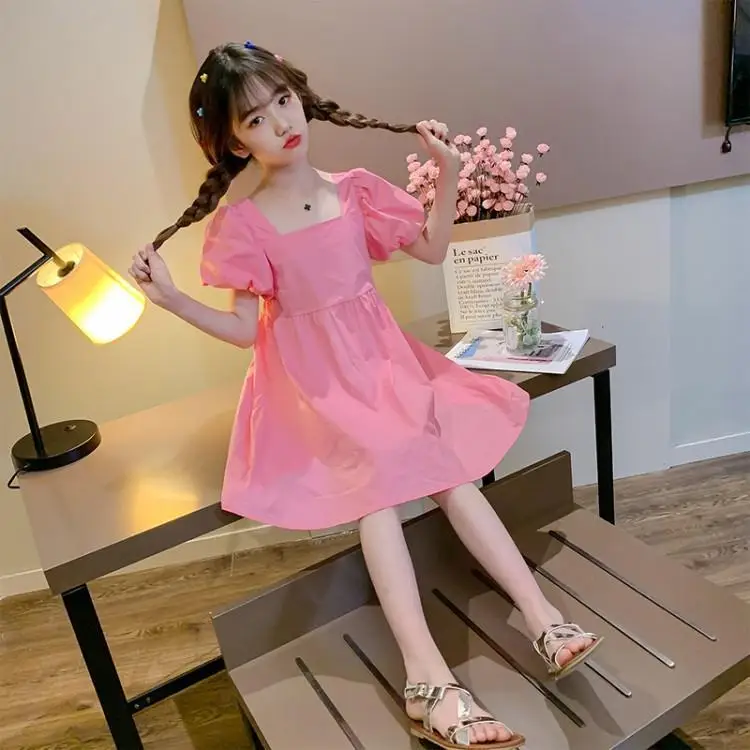 Vestido de Princesa Colorido para Meninas, Novo Estilo de Verão para Crianças de 8 Anos, Versão Coreana com Gola Quadrada e Mangas Bufantes
