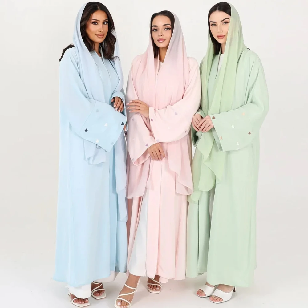 

Мусульманская Абая с вышивкой в виде сердца для женщин без шарфа, Ид кардиган, Марокко Рамадан, Кафтан, Ислам, Дубай, арабский длинный халат