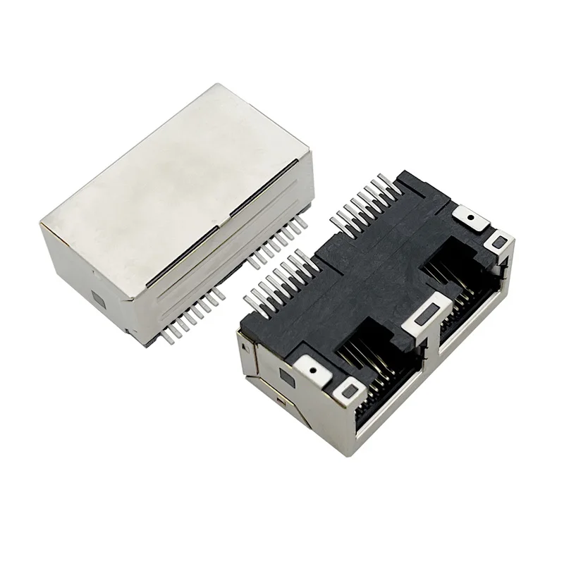 RJ45 network port socket, double-port full sticker, 90-degree horizontal twin 8P8C surface mount network communication connector