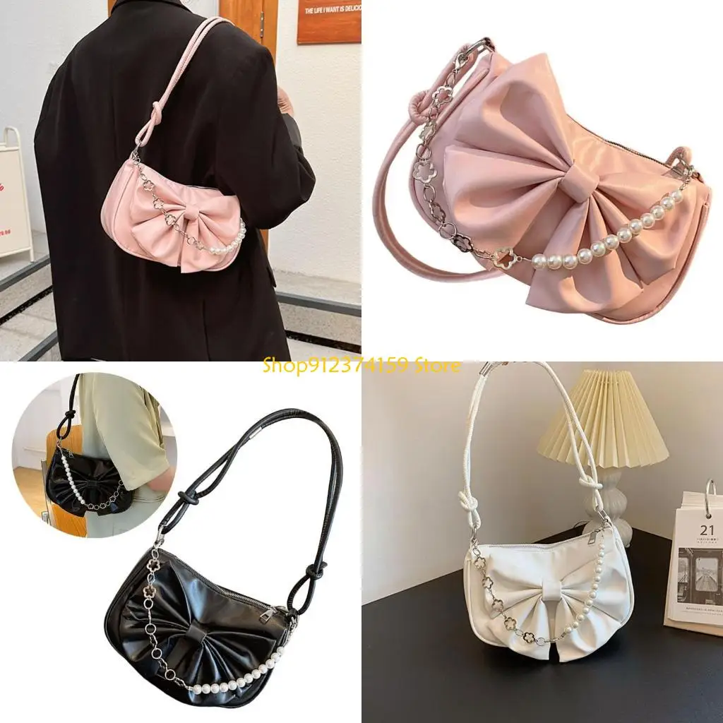 

G5AE Stylish Pearls Bowknot Underarm Bag PU Leather Handbag Casual Shoulder Purse Enhancing Any Outfit for Women