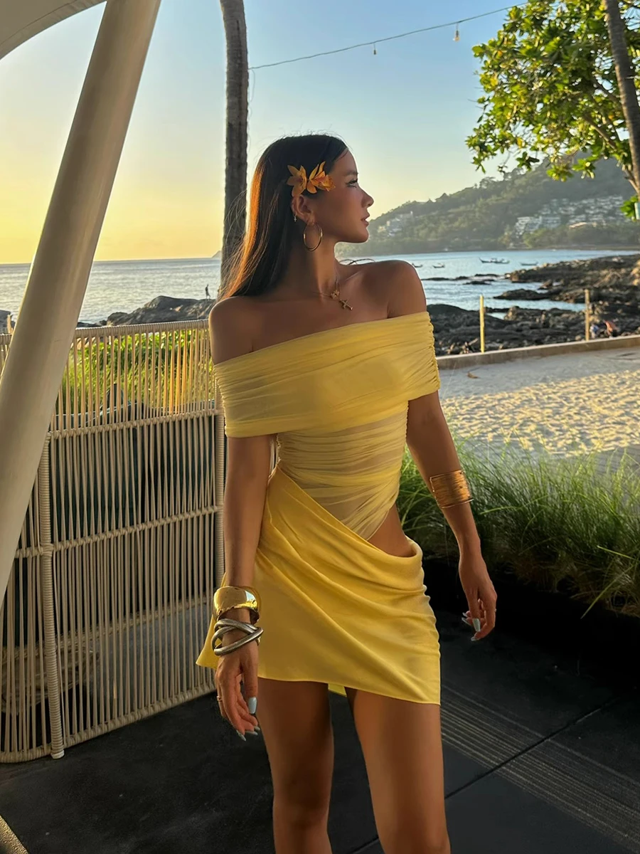 ReddaChic – Mini robe de soirée en maille Patchwork, transparente, ajourée, asymétrique épaule dénudée, froncée, moulante, vêtements de Cocktail formels pour femmes, été