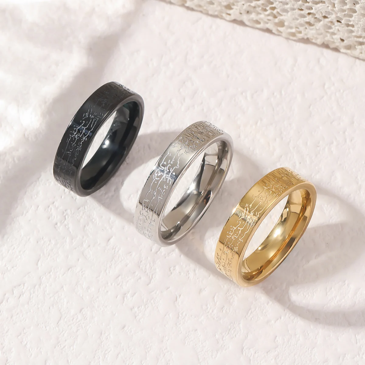 Minimalist Ayat Kursi Islamic Ring, Three-Color Plated Stainless Steel Ring with Smooth Inner Circle, Religious Scripture, Couple's Matching Rings