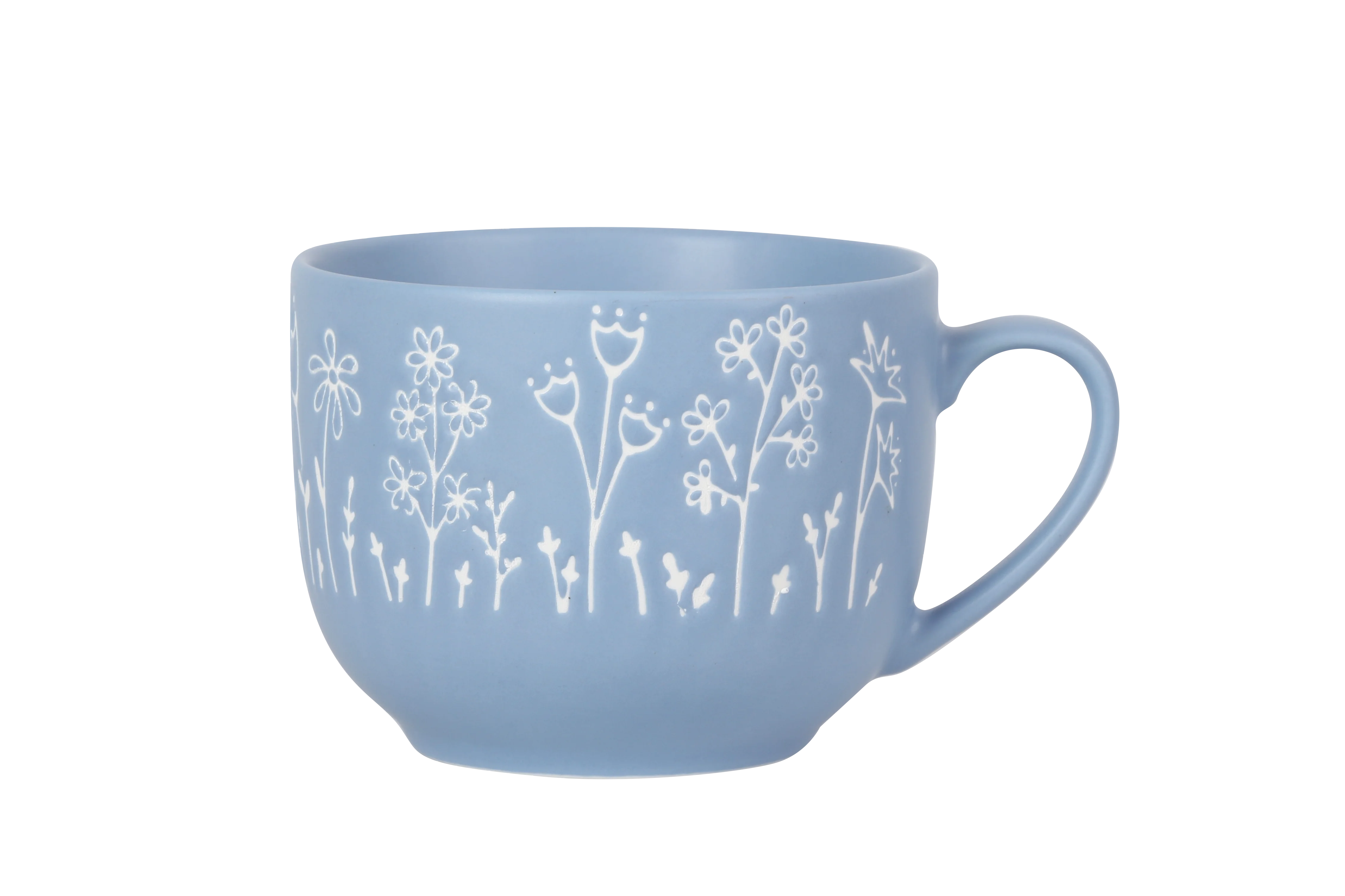 

Blue-Toned Pastel Ceramic Mug With Floral Embossments Featuring A Curved Handle And Smooth Glaze