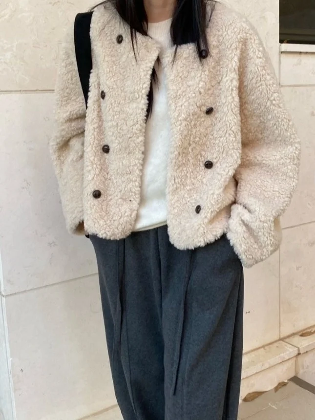 

Retro Casual Double-Breasted Lamb Fur ort Coat Women's Small Size Cute Anti-Aging round Ne Top Korean Sle Loose Fit