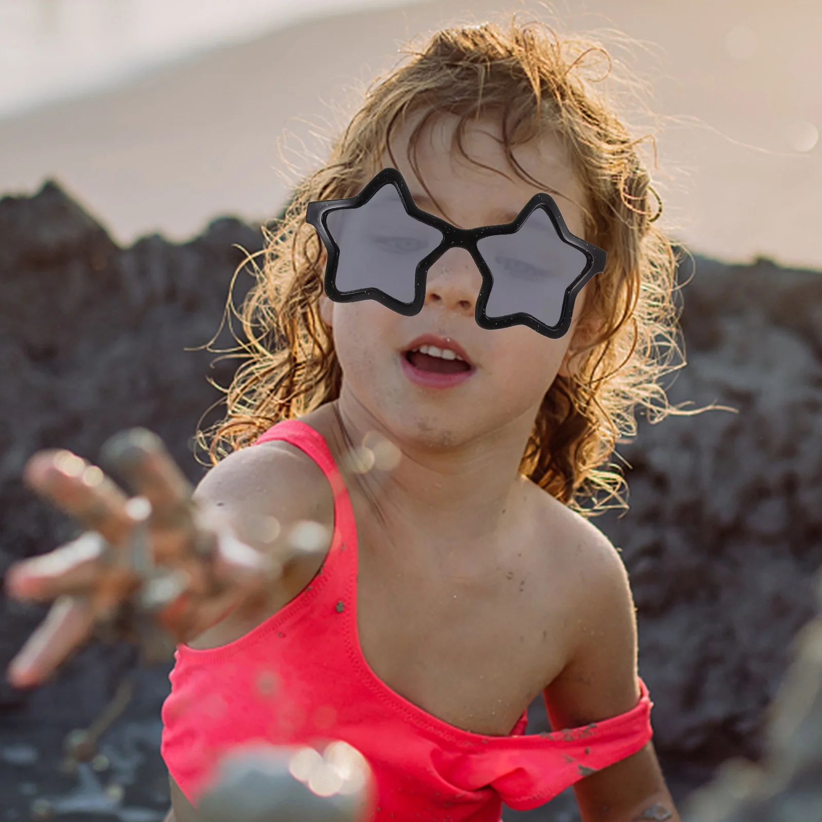 

6pcs Kids Beach Sunglasses Star Shaped Cartoon Eyewear Props Funny Glasses Black Red Pink Yellow Purple Blue Frameless Stylish