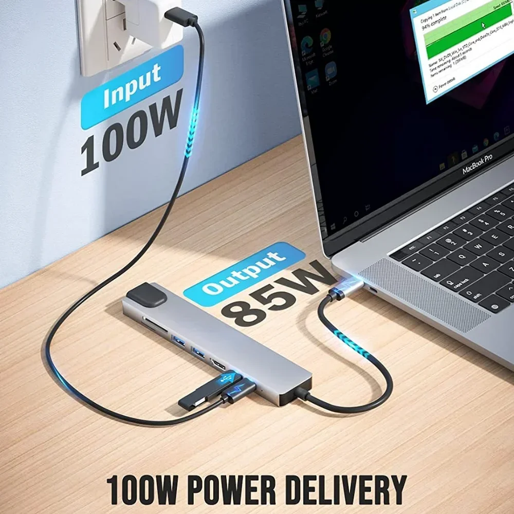 KEBIDUMEI USB HUB 8 in 1 Type C to 4K30Hz HDMI SD&TF 5Gbps USB3.0 RJ45 PD100W USB Splitter Docking Station for Laptop Macbook